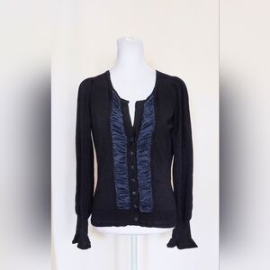 Badgley Mischka Button Front Ruffled Floral Top Shirt Womens Sz Med Blue Black